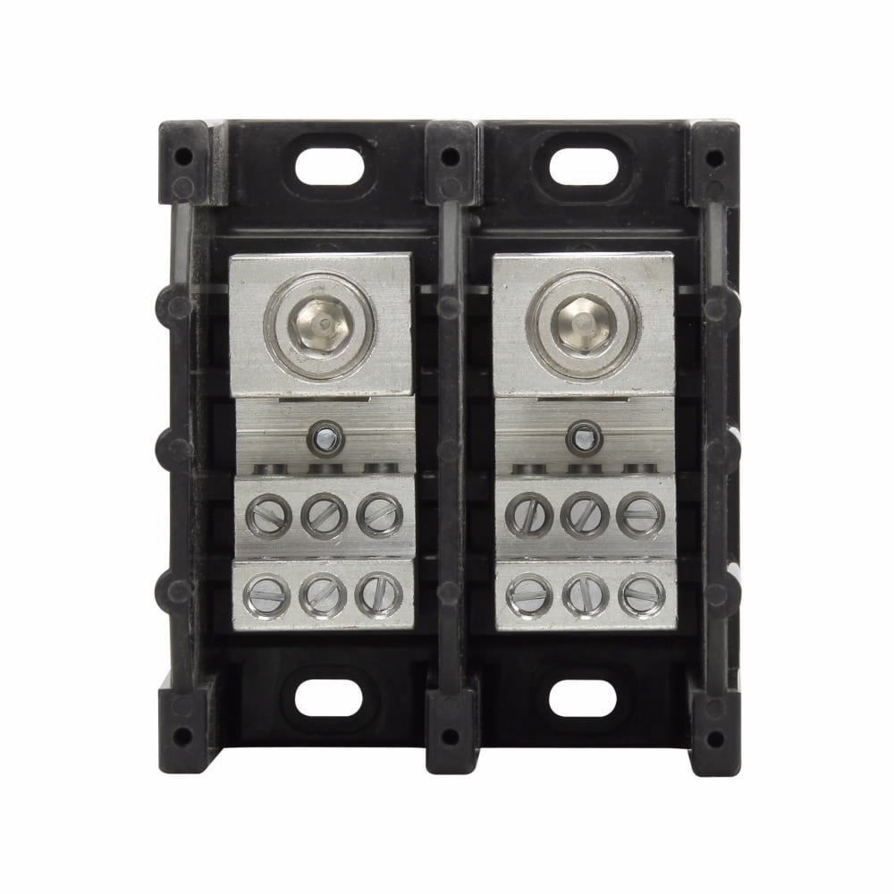 16323-2 Barrier Power Distribution Block, 600 V AC/DC, 310 A, 2 Poles, 6 AWG to 350 kcmil Cu/AL Line, 14 to 4 AWG Cu, 12 to 4 AWG Al Load Wire, Aluminum/Thermoplastic