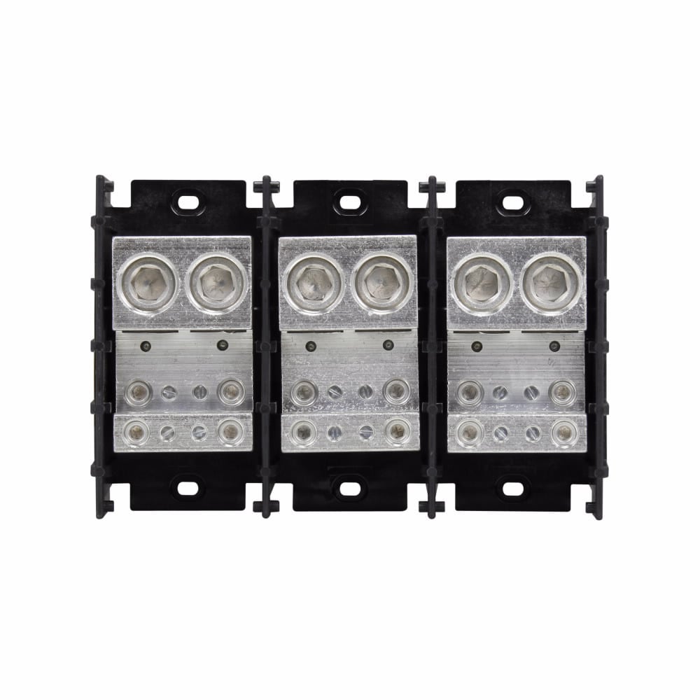 16528-3 Standard Power Distribution Block, 600 V AC/DC, 840 A, 3 Poles, 2 AWG to 600 kcmil Cu/Al Line, 6 to 3/0 AWG, 14 to 4 AWG Cu/Al Load Wire, Thermoplastic