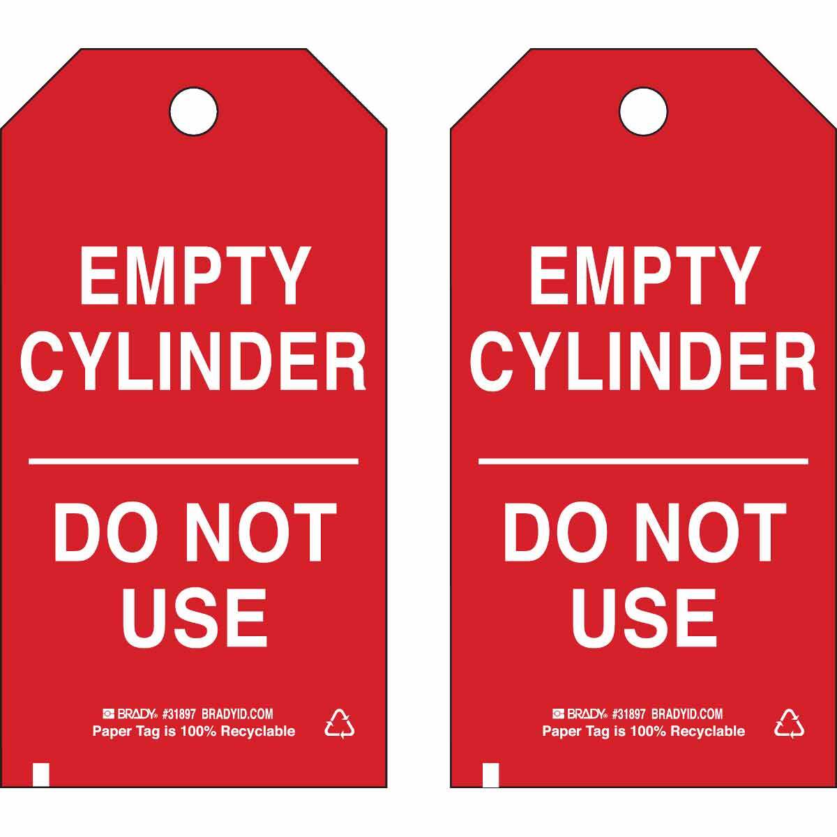 17924 Rectangular Cylinder Status Tag, 5-3/4 in H x 3 in W, White on Red, 3/8 in Hole, B-851 Polyester