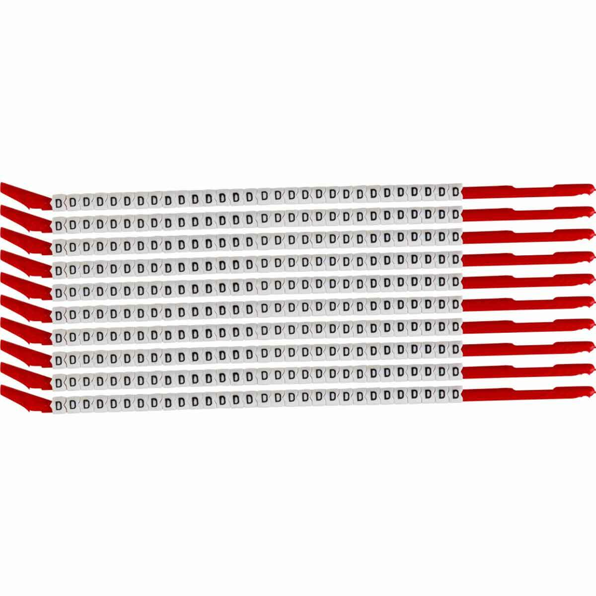 SCN10-D Clip-Sleeve SCN Pre-Printed Wire Marker, 0.11 to 0.134 in Wire, D Legend, Black on White Legend, White Marker, Nylon