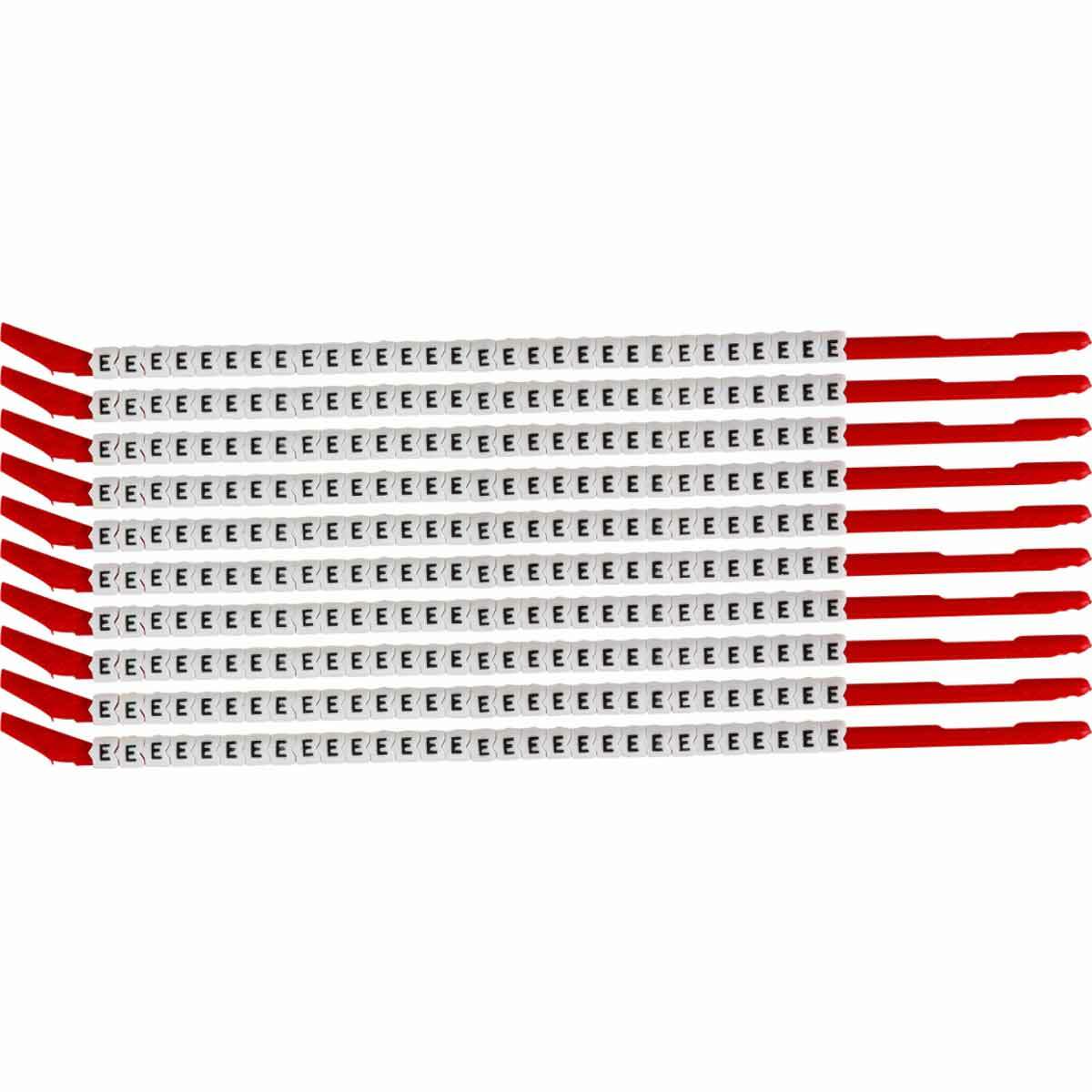 SCN10-E Clip-Sleeve SCN Pre-Printed Wire Marker, 0.11 to 0.134 in Wire, E Legend, Black on White Legend, White Marker, Nylon