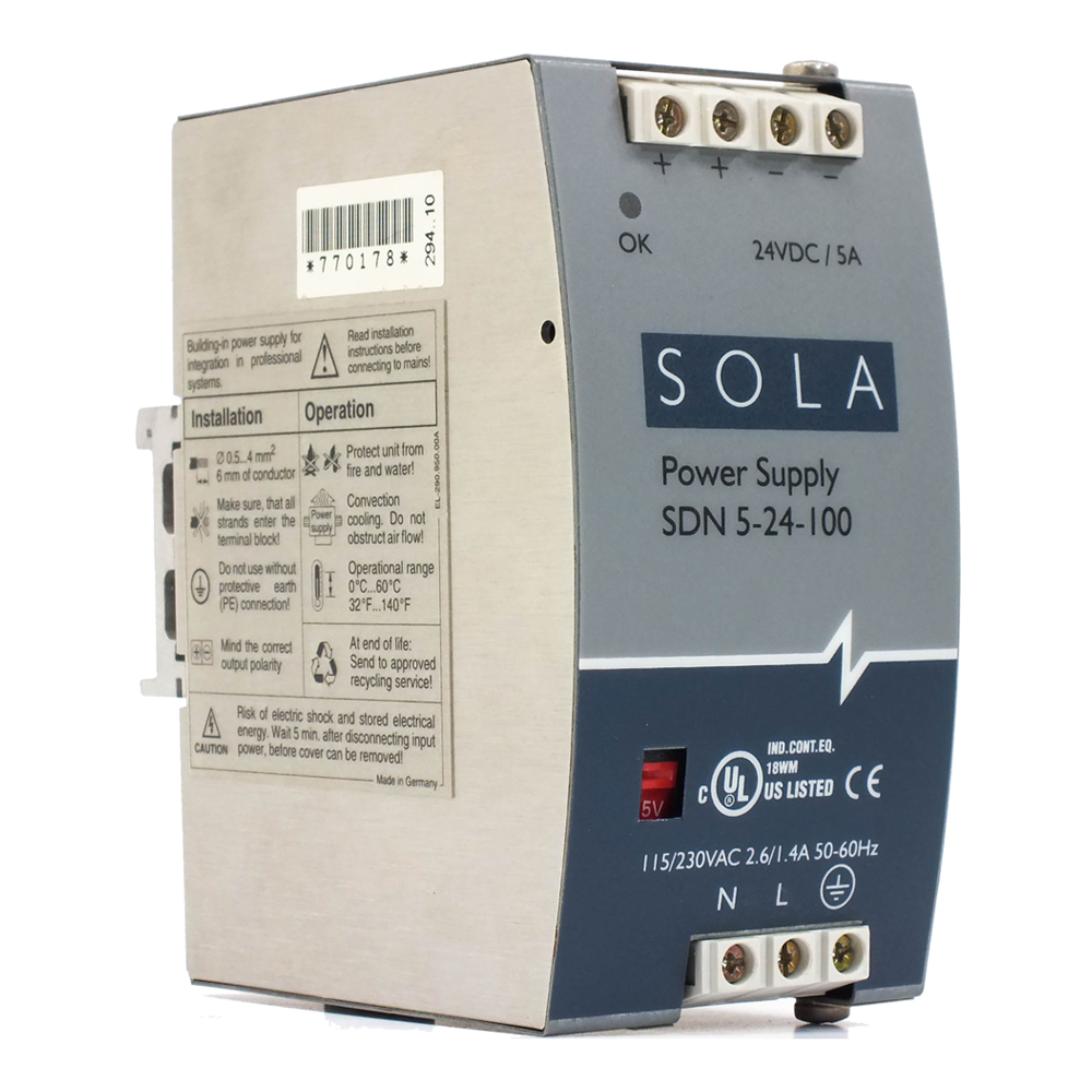 SDN5-24-100P SDN-P Compact Power Supply, 115/230 V AC Input, 24 VDC Output, 120 W Power Rating, 1.3/0.7 A, DIN Rail Mount