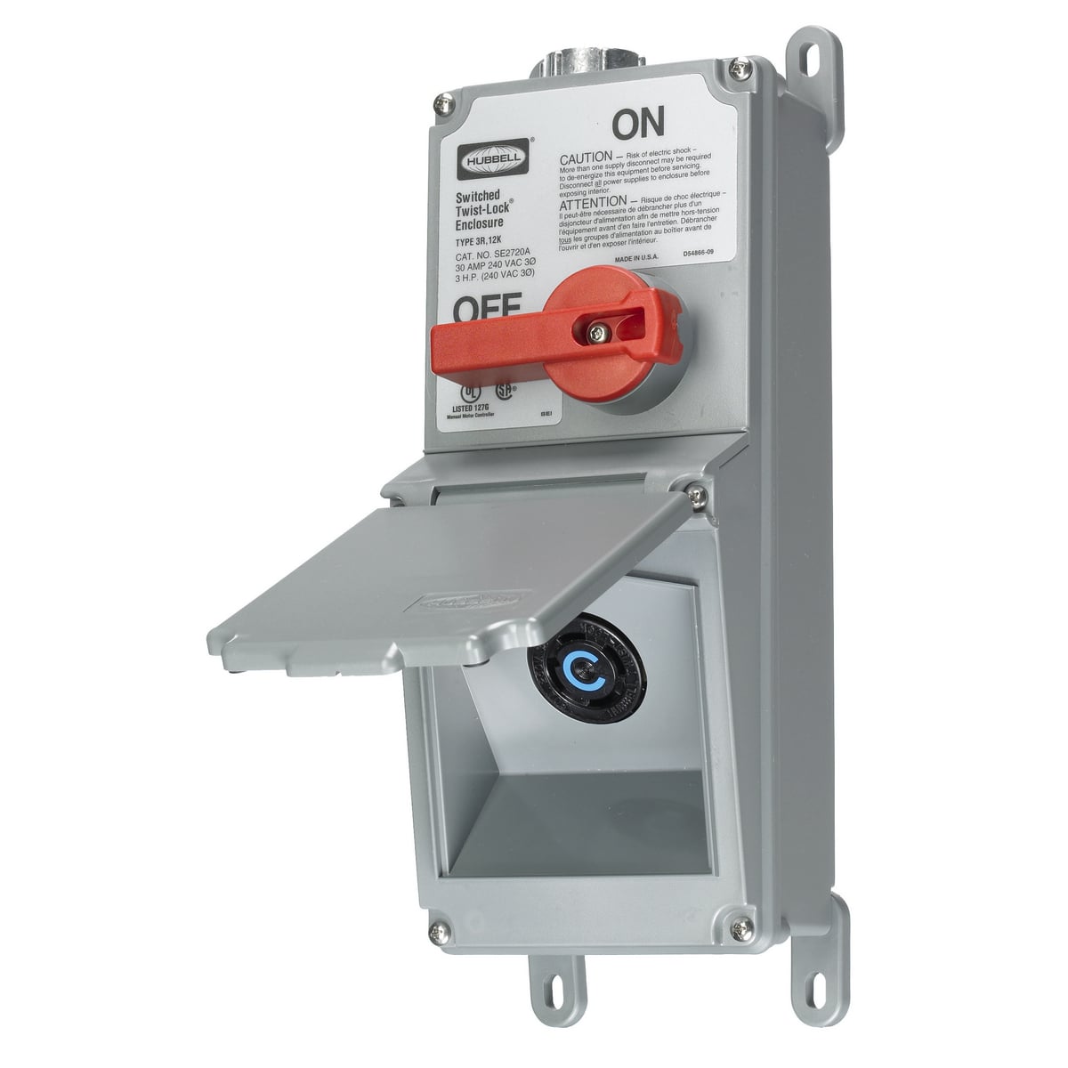 SE2720A 2-Position Extra Heavy Duty Lever Actuated Standard Sized Foot Mount Switched Enclosure, 240 V AC, 30 A, 3 Poles, Gray