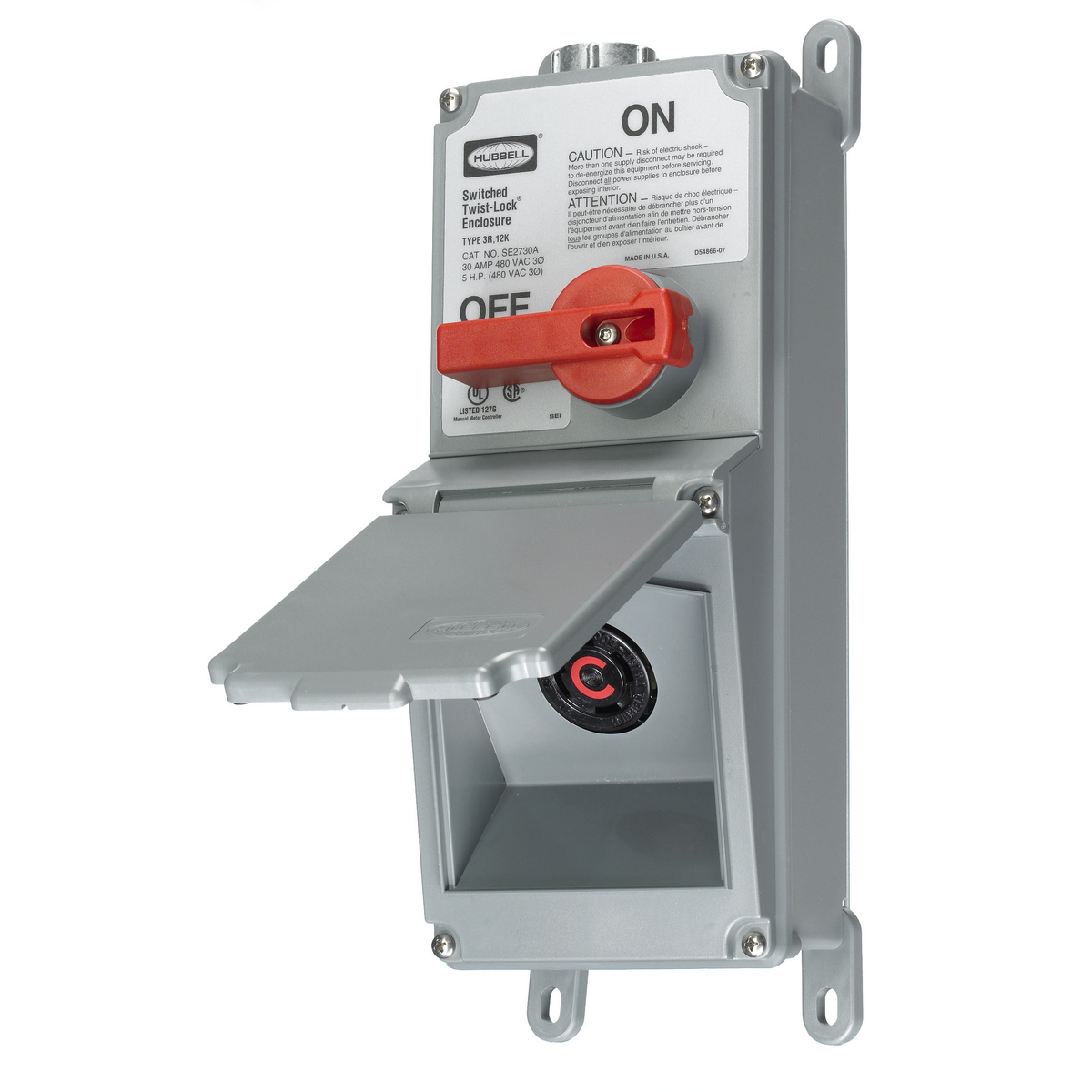 SE2730A 2-Position Extra Heavy Duty Lever Actuated Standard Sized Foot Mount Switched Enclosure, 480 V AC, 30 A, 3 Poles, Gray