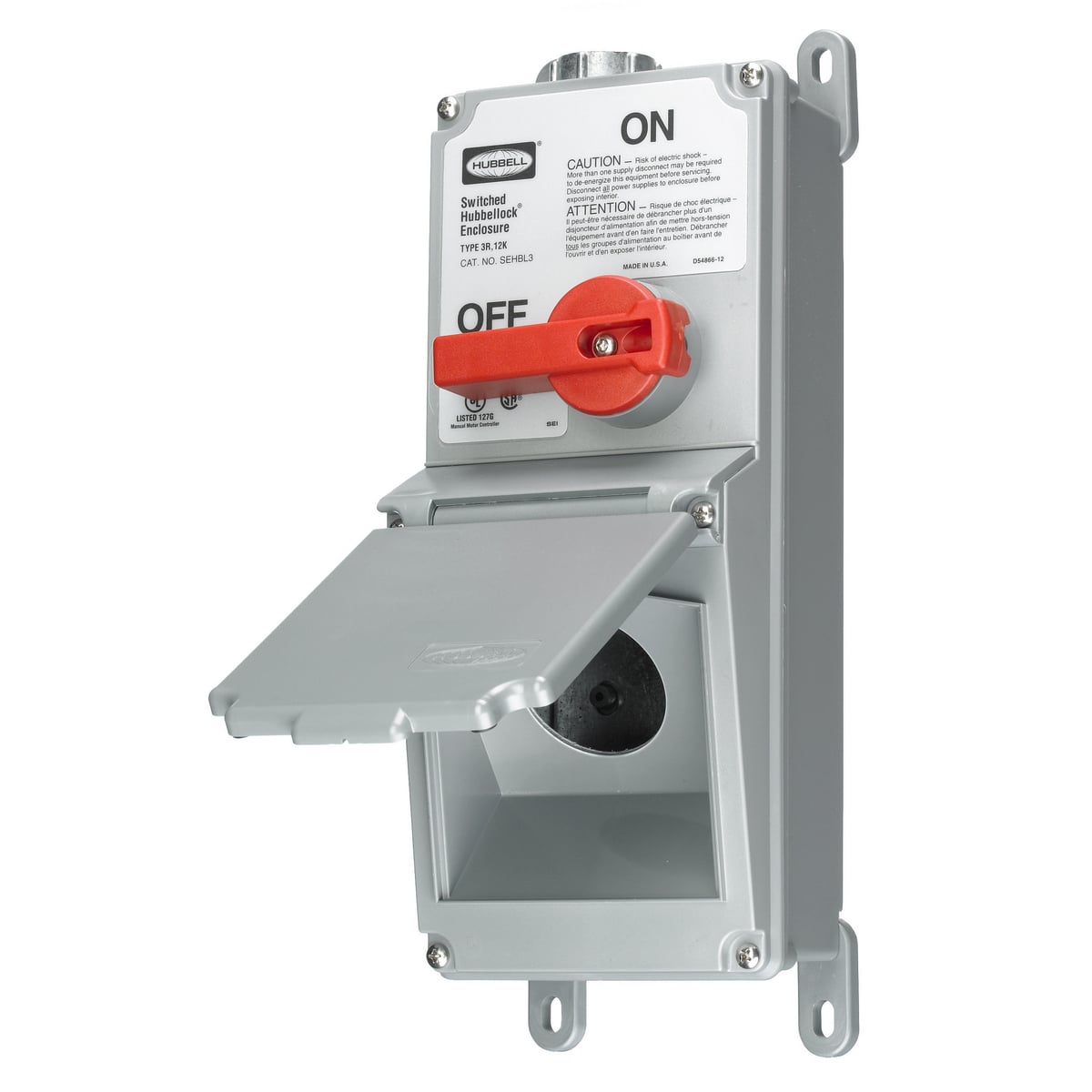 SEHBL3 2-Position Lever Actuated Non-Metallic Standard Foot Mount Switched Enclosure With Receptacle, 600 V AC, 30 A, 3 Poles, Gray
