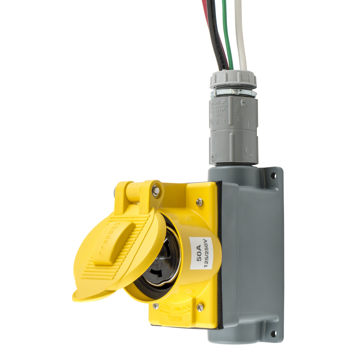 SR50 1-Phase Grounding Non-NEMA Pre-Wired Single Standard Wall Mount Receptacle With 2 ft Wire Lead, 125 to 250 V AC, 50 A, 2 Poles, 3 Wires, Yellow