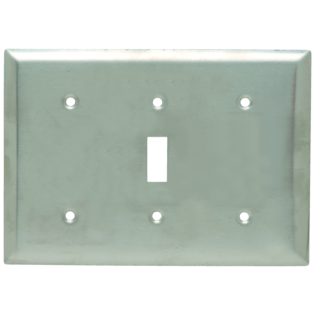 SS14114 Combination Openings, 1 Blank, 1 Toggle Switch and 1 Blank, Three Gang, 302/304 Stainless Steel