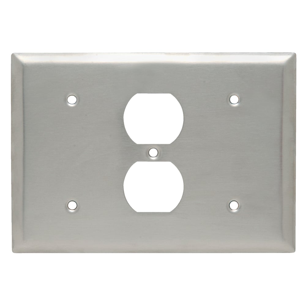 SS14814 3-Gang 302/304 Stainless Steel Wall Plate, 1 Blank 1 Duplex Receptacle and 1 Blank