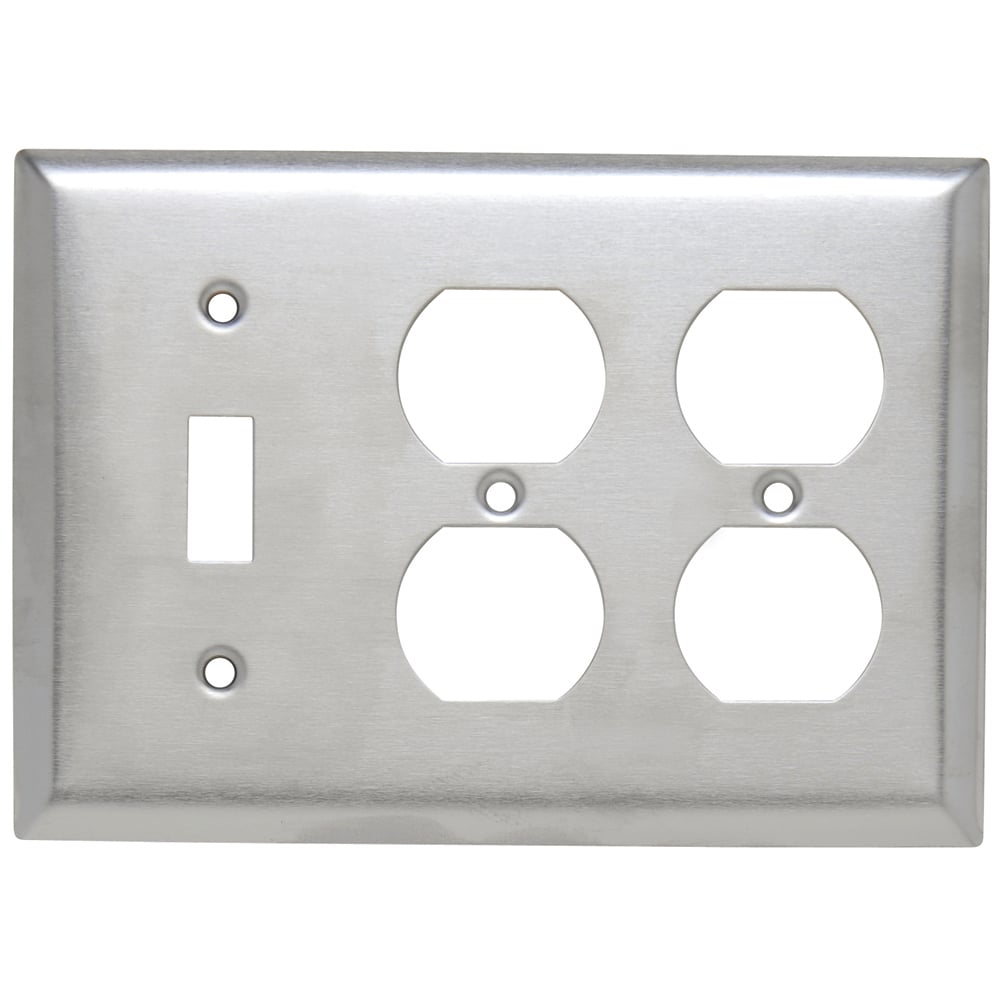 SS182 3-Gang 302/304 Stainless Steel Wall Plate, 1 Toggle Switch and 2 Duplex Receptacle