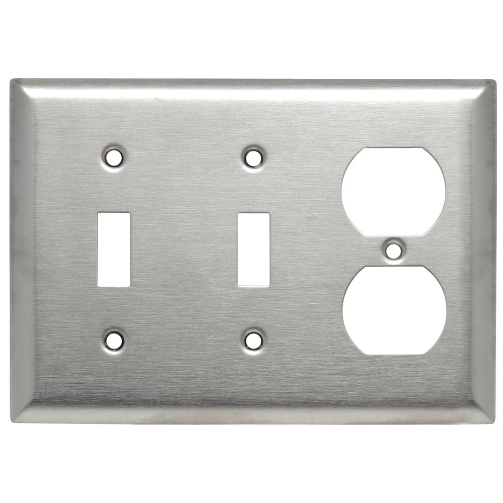 SS28 3-Gang 302/304 Stainless Steel Wall Plate, 2 Toggle Switch Openings, 1 Duplex Receptacle Opening