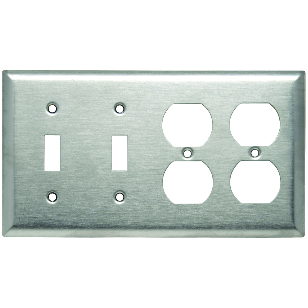 SS282 4-Gang 302/304 Stainless Steel Wall Plate, 2 Toggle Switch Opening, 2 Duplex Receptacle
