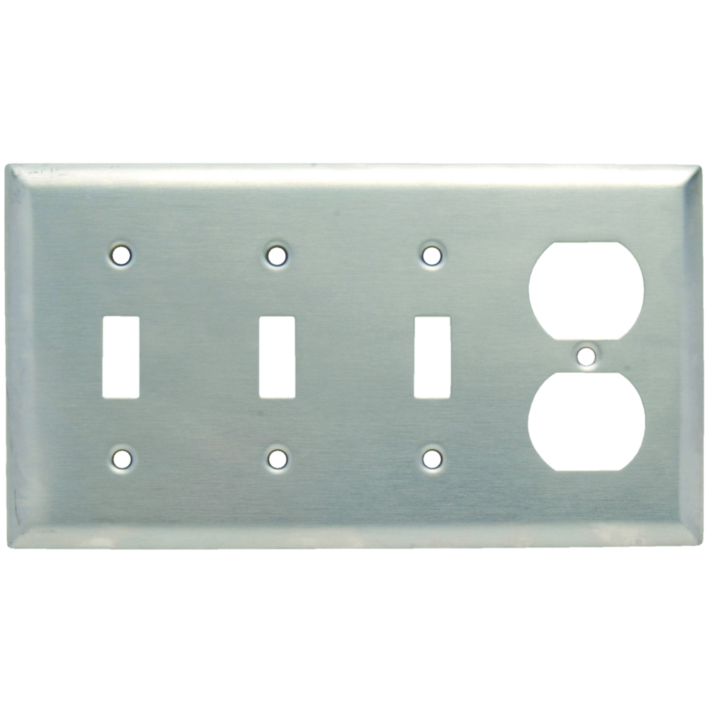 SS38 4-Gang 302/304 Stainless Steel Wall Plate, 3 Toggle Switch and 1 Duplex Receptacle