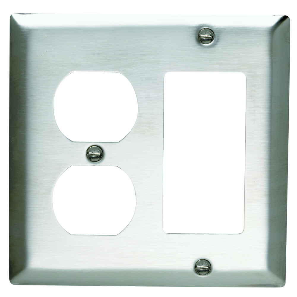 SS826 2-Gang 302/304 Stainless Steel Wall Plate, 1 Duplex Receptacle and 1 Decorator