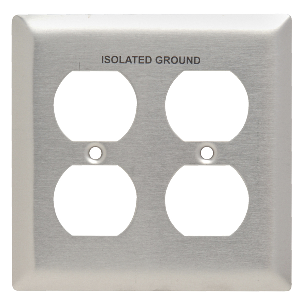 SS82IG 2-Gang 302/304 Stainless Steel Wall Plate, Duplex Receptacle Opening Pad Printed "Isolated Ground"