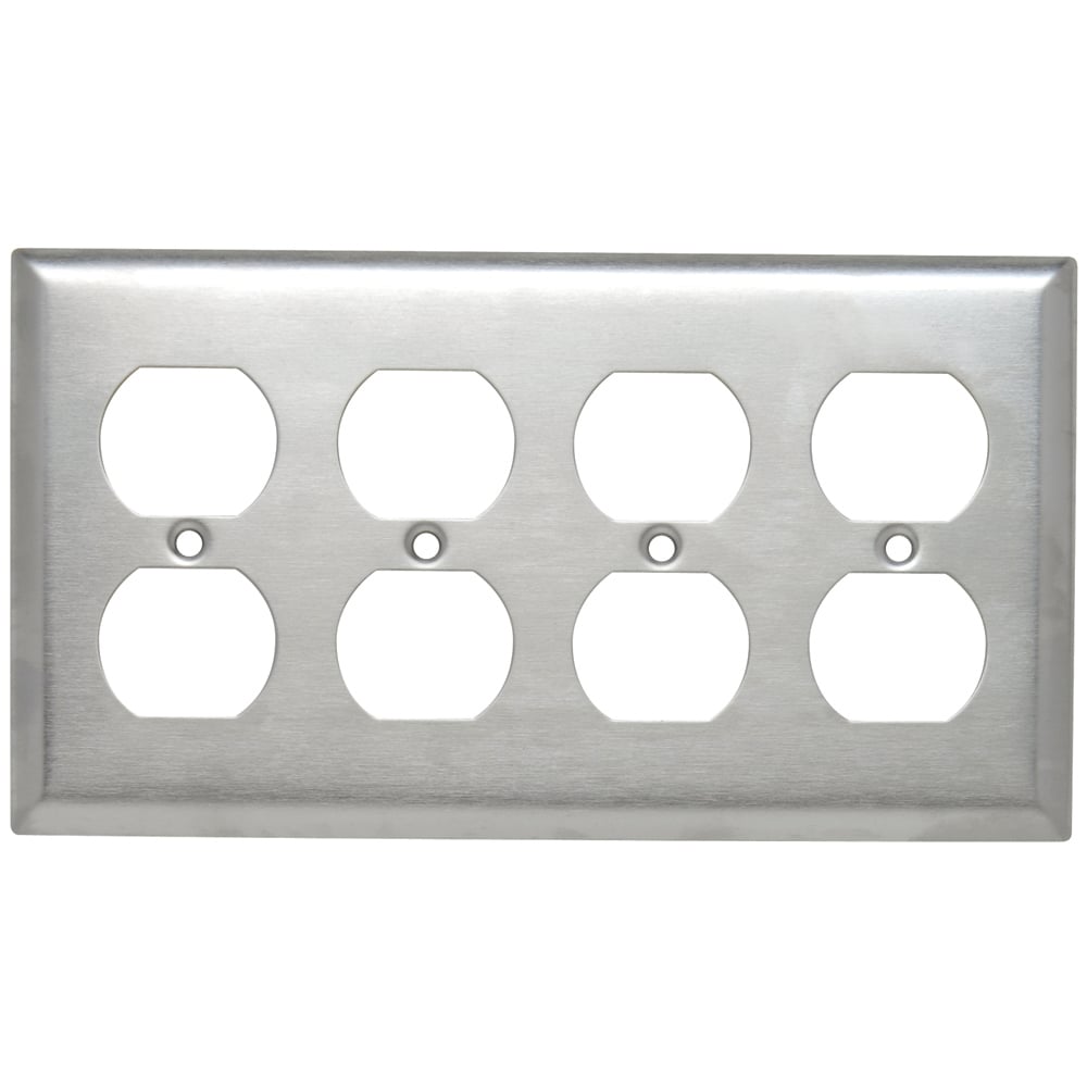 SS84 4-Gang 302/304 Stainless Steel Wall Plate, Duplex Receptacle Openings