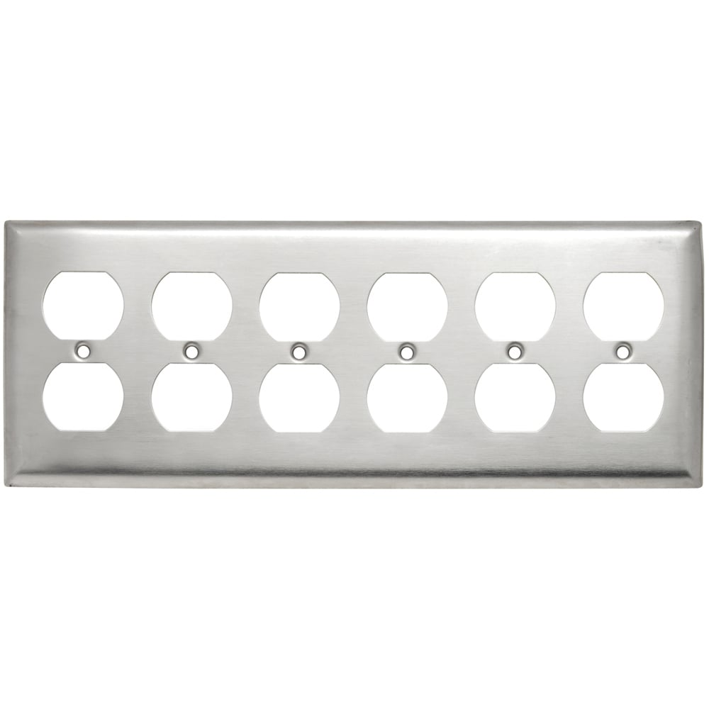 SS86 6-Gang 302/304 Stainless Steel Wall Plate, 6 Duplex Receptacle Openings