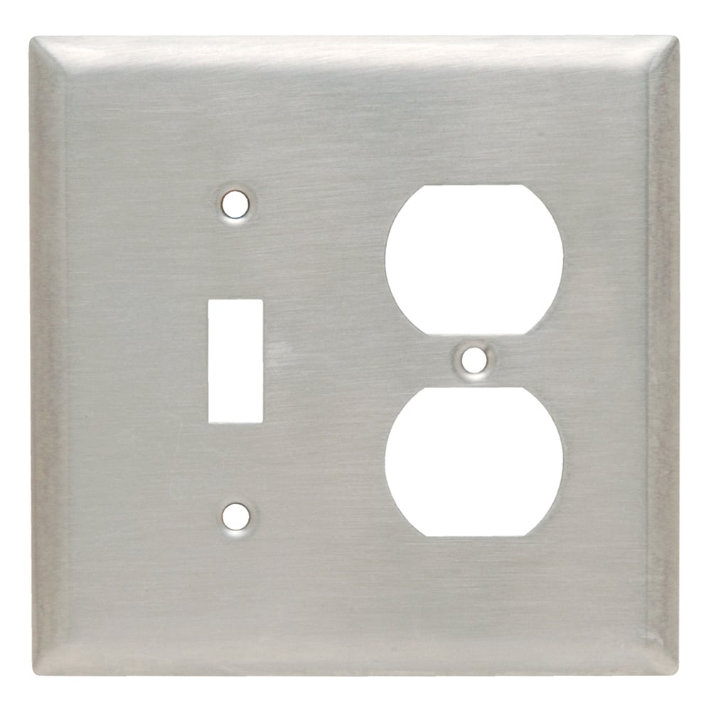 SSJ18 Junior Jumbo 2-Gang 302/304 Stainless Steel Wall Plate, 1 Toggle Switch and 1 Duplex Receptacle