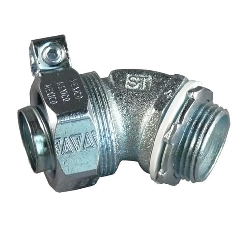Non-Insulated Liquid Tight Conduit Connector With External Grounding Lug, 1/2 in Trade, 45 deg, Malleable Iron, Electroplated Zinc