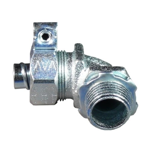 Liquid Tight Oiltight Raintight Conduit Connector With Plain Throat, 1 in Trade, 14 to 4 AWG Cable Openings, 90 deg, Malleable Iron, Triple Coated