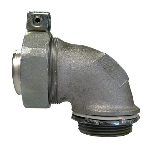 ST-90125L Liquid Tight Oiltight Raintight Conduit Connector With Plain Throat, 1-1/4 in Trade, 8 to 1/0 AWG Cable Openings, 90 deg, Malleable Iron, Triple Coated