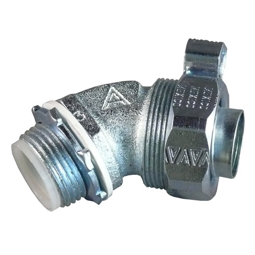 STB-4550L Liquid Tight Oiltight Raintight Conduit Connector With Insulated Throat, 1/2 in Trade, 14 to 4 AWG Cable Openings, 45 deg, Malleable Iron, Triple Coated