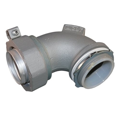 STB-90125L Liquid Tight Oiltight Raintight Conduit Connector With Insulated Throat, 1-1/4 in Trade, 8 to 1/0 AWG Cable Openings, 90 deg, Malleable Iron, Triple Coated