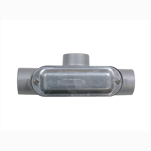 T-200CG T-Configuration Conduit Body, 2 in Hub, 70 cu-in Capacity, Malleable Iron, Hot Dipped Galvanized/Aluminum Enamel Coated