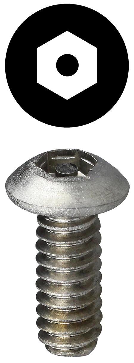 T6321HB Tamper Proof Machine Screw, #6-32, 1 in OAL, 18-8 Stainless Steel, Button Head, Hex Pin Drive