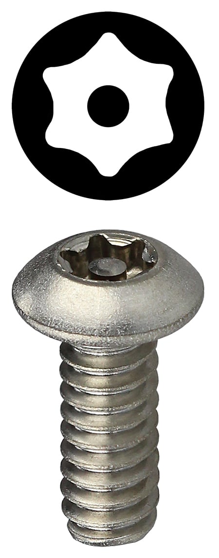 T8321TB Tamper Proof Machine Screw, #8-32, 1 in OAL, 18-8 Stainless Steel, Button Head, 6-Lobe Pin Drive