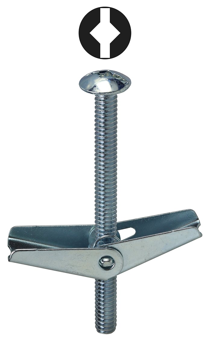 TB363DS Toggle Bolt With Spring Wing Nut, 3/16 in Screw, 3 in OAL, Steel, Mushroom Head, 1/2 in Drill