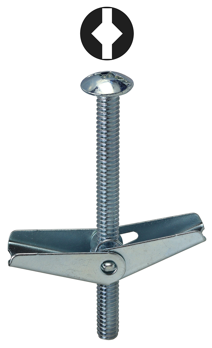 TB43DS Toggle Bolt With Spring Wing Nut, 1/4-20 Screw, 3 in OAL, Steel, Mushroom Head, 5/8 in Drill