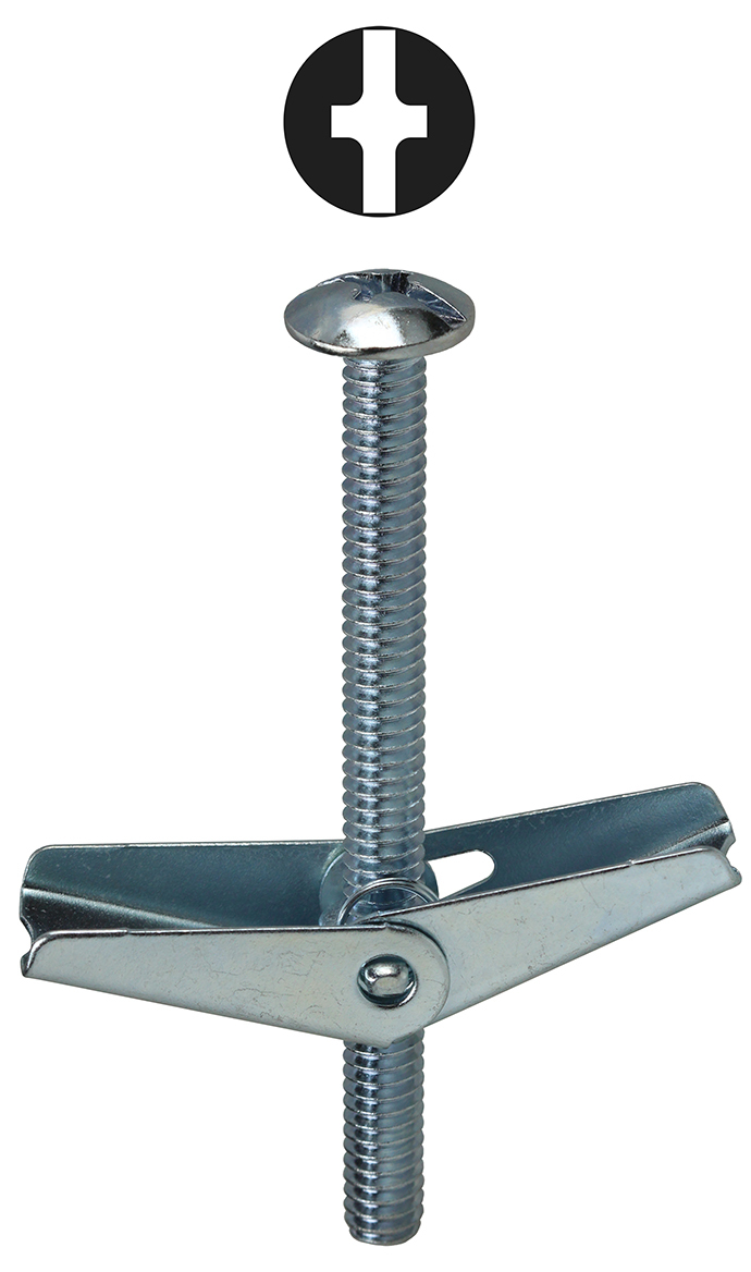TBC82 Toggle Bolt With Spring Wing Nut, 1/8-32 Screw, 2 in OAL, Steel, Mushroom Head, 3/8 in Drill