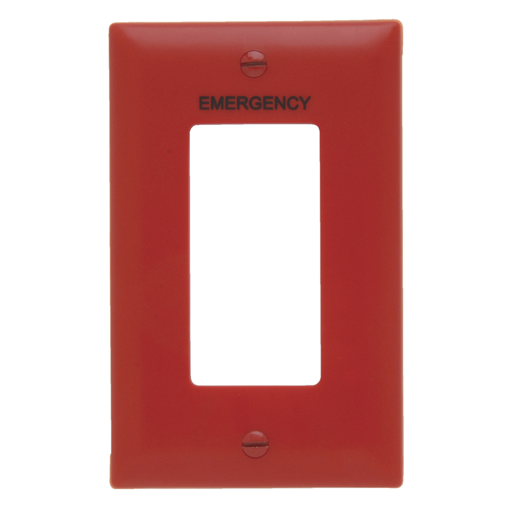TP26ERED TradeMaster 1-Gang Nylon Wall Plate, 1 Decorator Opening, Pad Printed "Emergency", Red