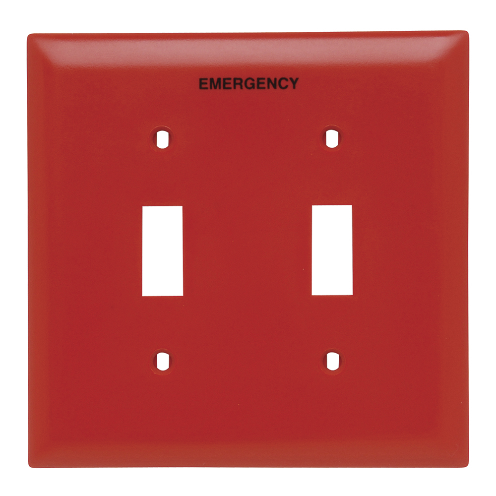 TP2ERED TradeMaster 2-Gang Nylon Wall Plate, 2 Toggle Switch Openings, Pad Printed "Emergency", Red