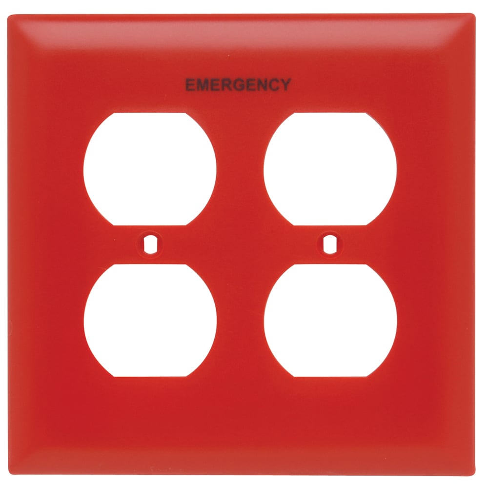 TP82ERED TradeMaster 2-Gang Nylon Wall Plate, 2 Duplex Receptacle Openings, Pad Printed "Emergency", Red