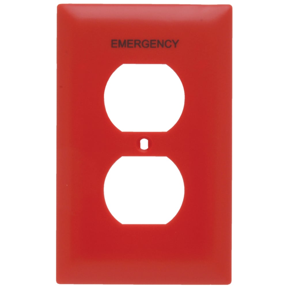 TP8ERED TradeMaster 1-Gang Nylon Wall Plate, 1 Duplex Receptacle Opening, Pad Printed "Emergency", Red