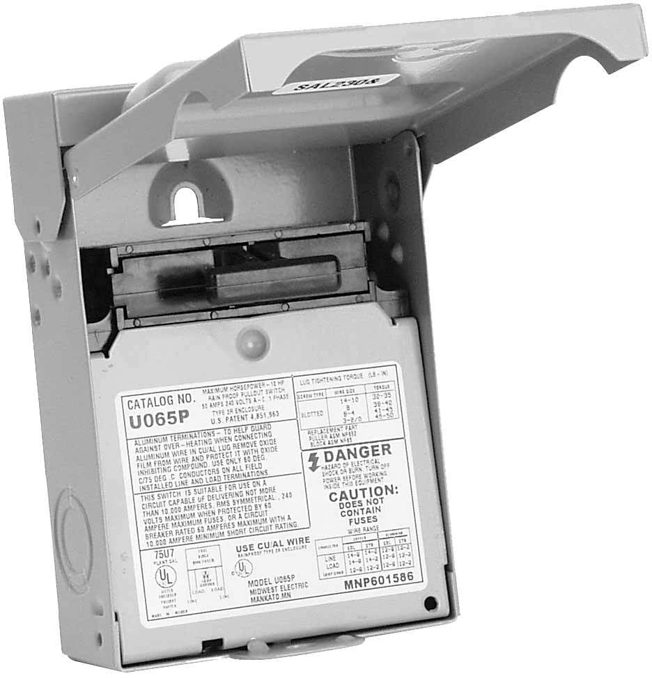 U065P AC Disconnect Switch, 60 Amp, 240V, Non-Fusible, Pull-Out, NEMA 3R
