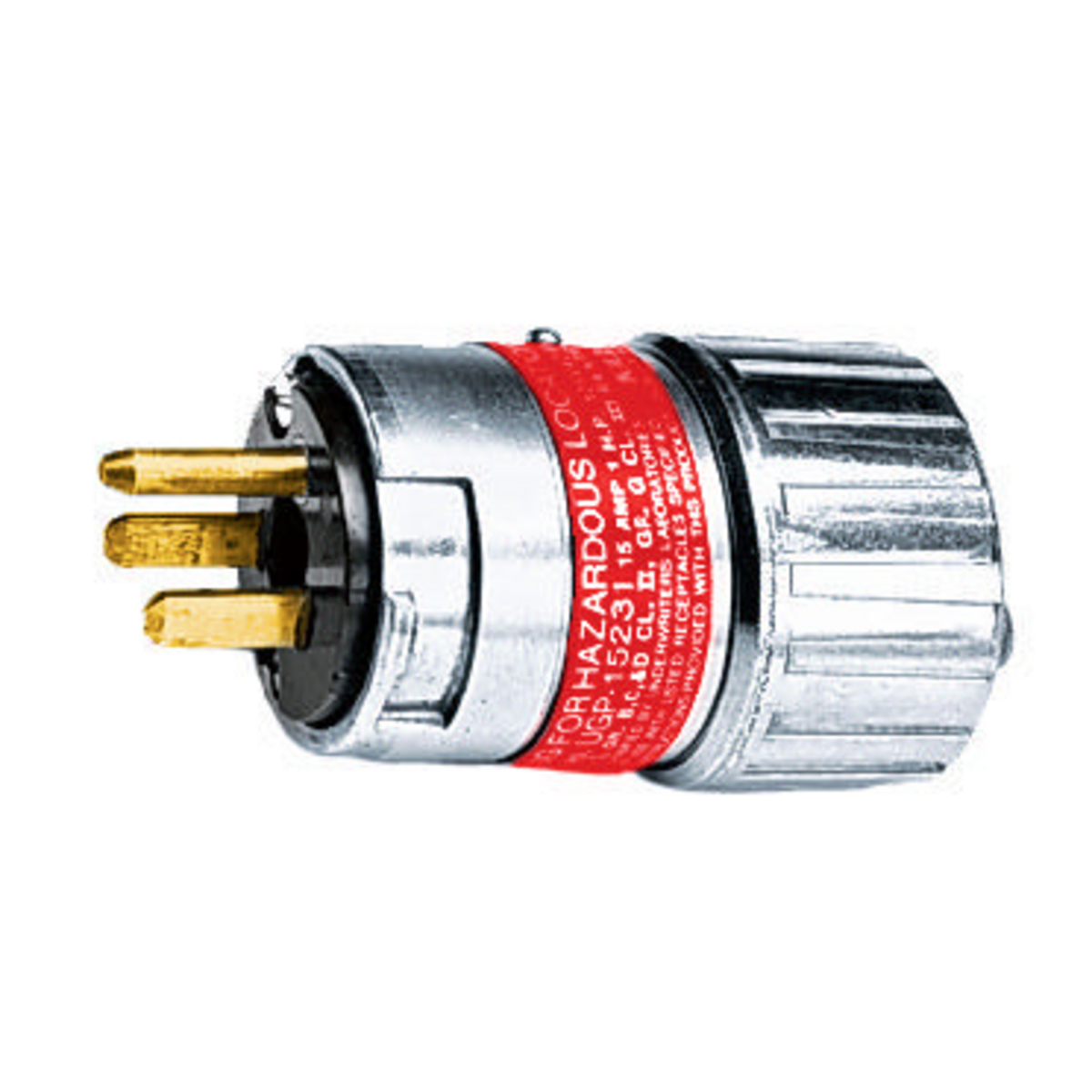 UGP15231 1-Phase Grounding Male Explosionproof Standard Cord Mount Straight Blade Plug, 125 V AC, 15 A, 2 Poles, 3 Wires, Metallic