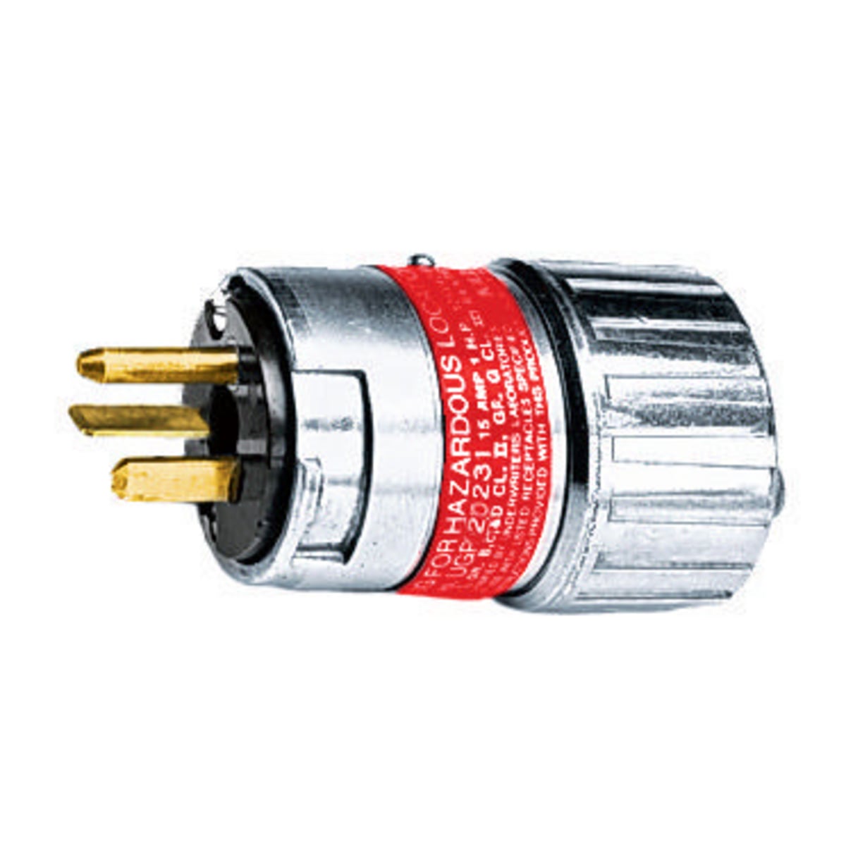 UGP20231 1-Phase Grounding Male Explosionproof Standard Cord Mount Straight Blade Plug, 125 V AC, 20 A, 2 Poles, 3 Wires, Metallic