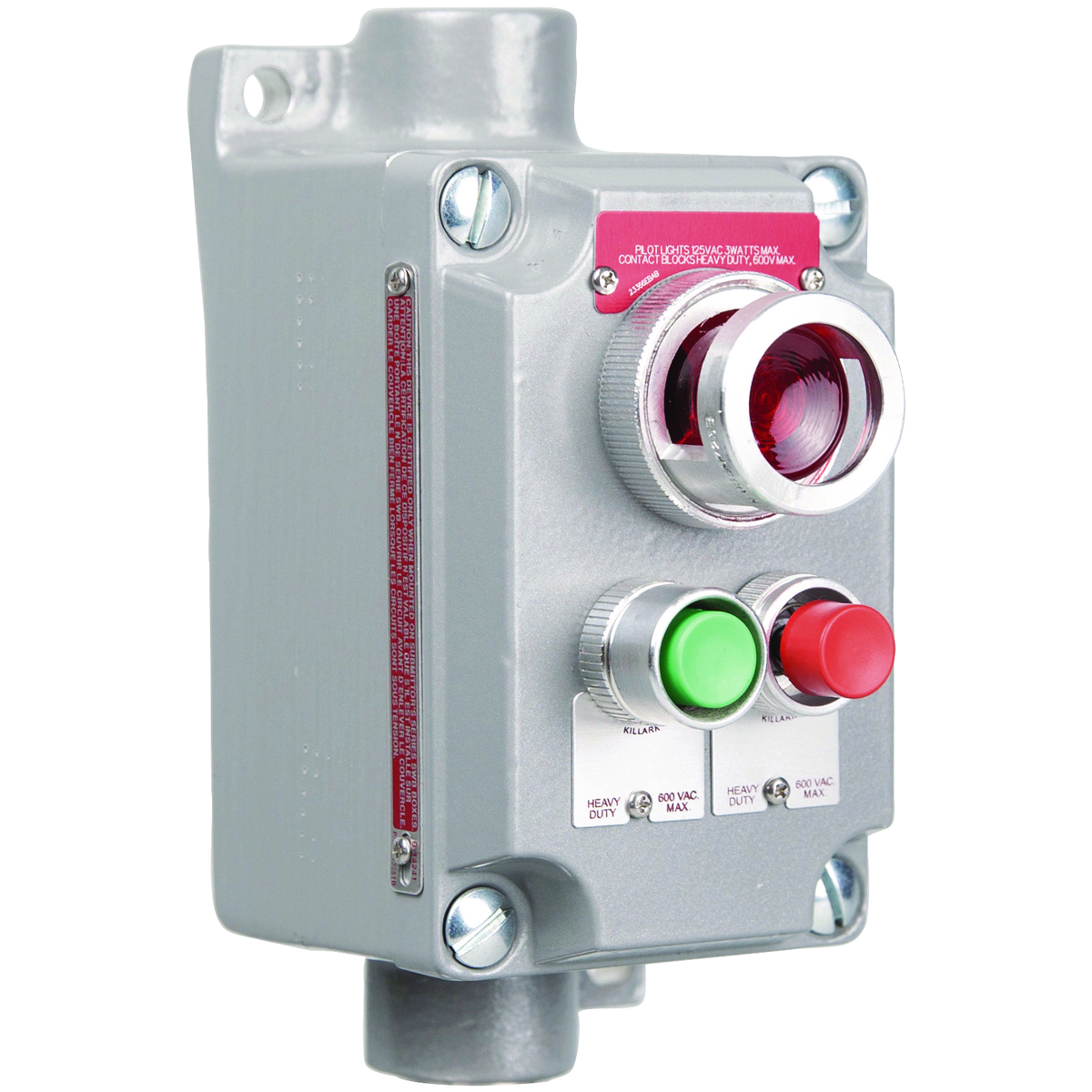 XCS-5A15 Feed-Through Control Station With Pilot Light and (2) Mini Pushbutton, 120/600 V AC, 1NO-1NC Contact, 3 Operators, NEMA 7CD/9EFG NEMA Rating