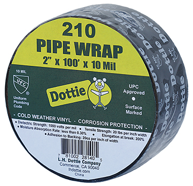 210 Pipe Wrap, 100 ft L x 2 in W, 10 mil THK, PVC Adhesive, Rubber Resin Backing, Matte Black