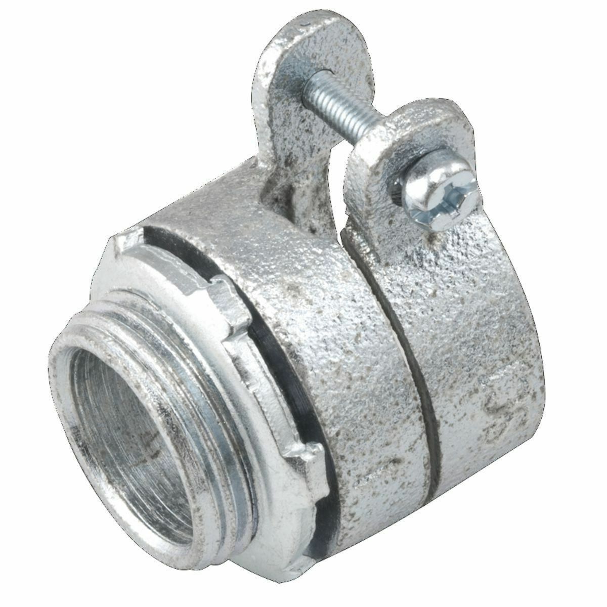 2104 Non-Insulated Straight Squeeze Conduit Connector, 1 in Trade, 1 in Cable Openings, For Use With FMC, Malleable Iron, Electro-Plated Zinc
