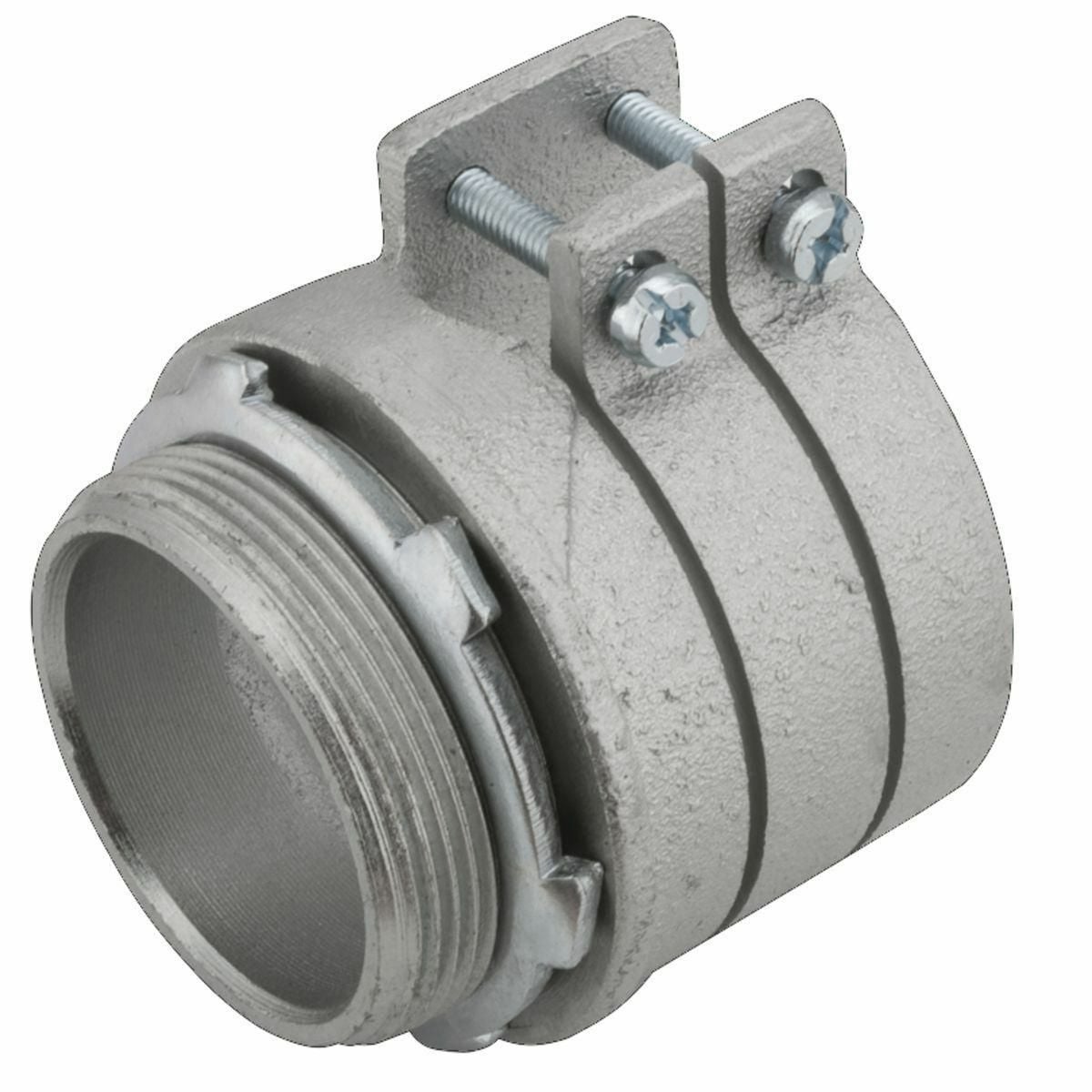 2112 Non-Insulated Straight Squeeze Conduit Connector, 3 in Trade, 3 in Cable Openings, For Use With FMC, Malleable Iron, Electro-Plated Zinc