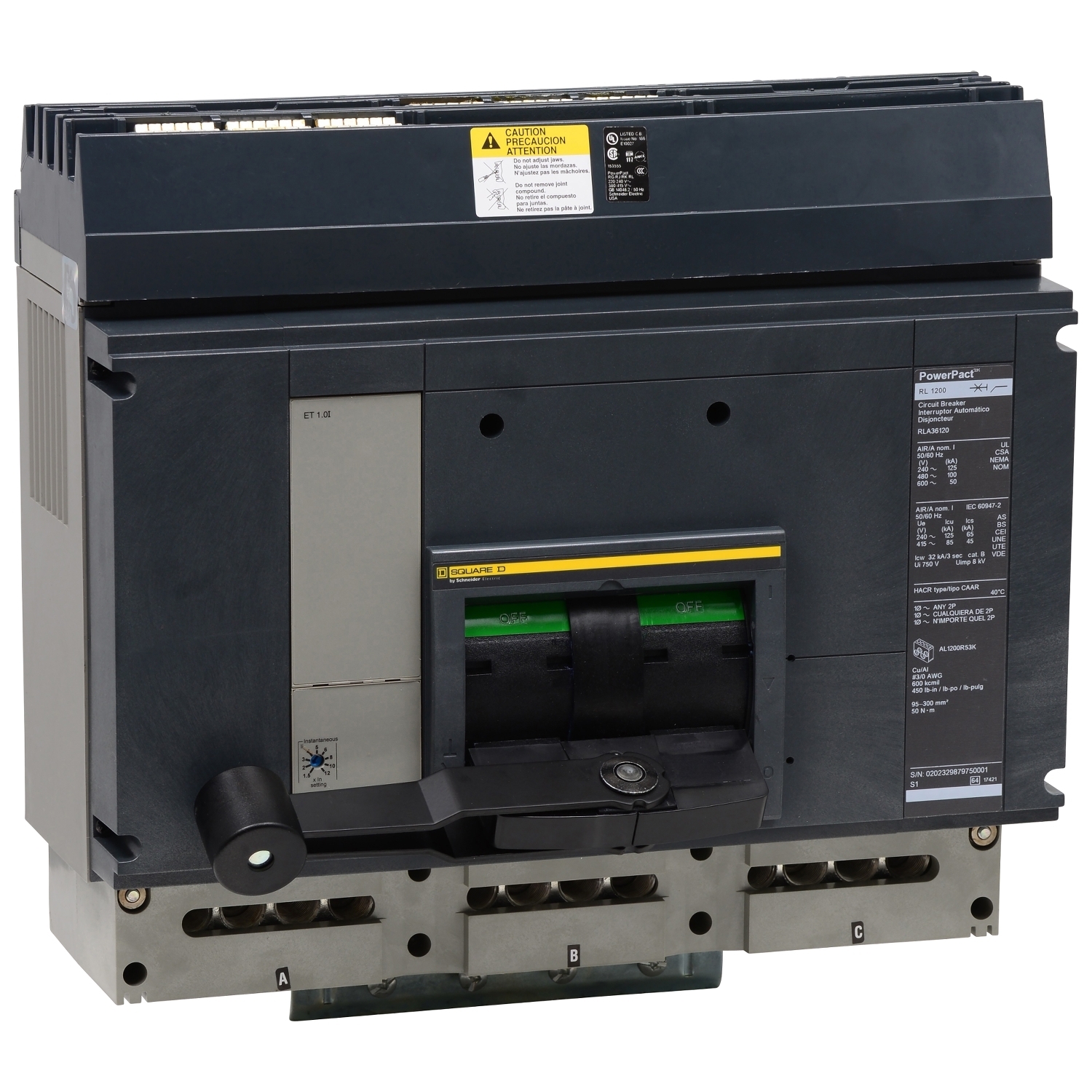 RJA36120CU33A I-Line PowerPact 100% Rated Molded Case Circuit Breaker, 600 V AC, 1200 A, 100 kA at 240 V AC, 65 kA at 480 V AC, 25 kA at 600 V AC Interrupt, 3 Poles, Electronic Trip