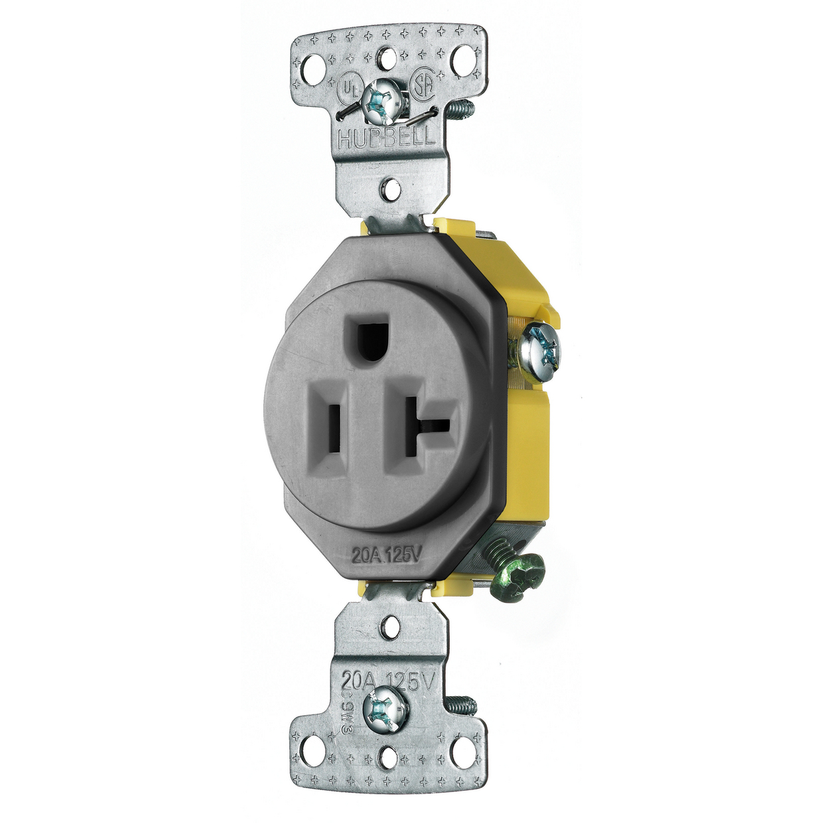 RR201GY 1-Phase Self-Grounding Single Standard Screw Mount Straight Blade Receptacle, 125 V AC, 20 A, 2 Poles, 3 Wires, Gray