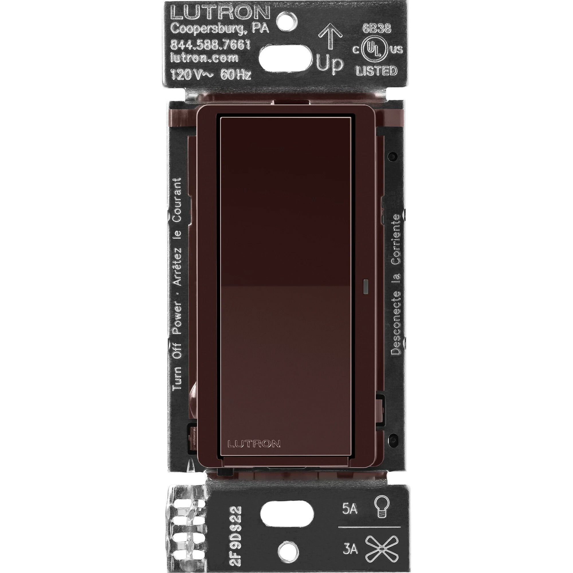 DVRF-5NS-BR Claro Smart Switch for Caseta, 5 Amp LED or 3 Amp Fan, On/Off Paddle Switch, 1 Pole/3-Way, No Neutral Required, 120V, Brown