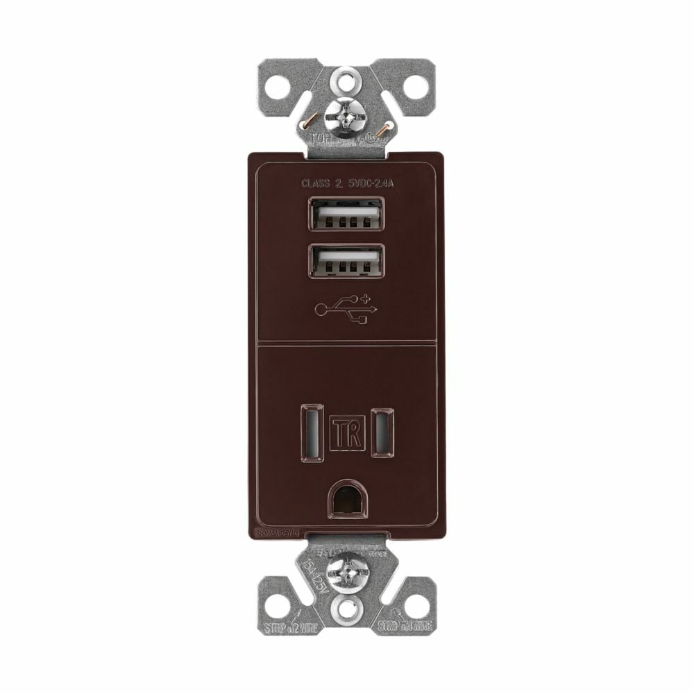 Eaton combination USB charger with receptacle, Tamper resistant, 15A at 125 Vac, 2.4A at 5 Vdc, Flush mount, 125 Vac, 5 Vdc, Side wiring, Brown, Brass, 5-15R, Two-pole, three-wire, grounding, Decorator, Thermoplastic