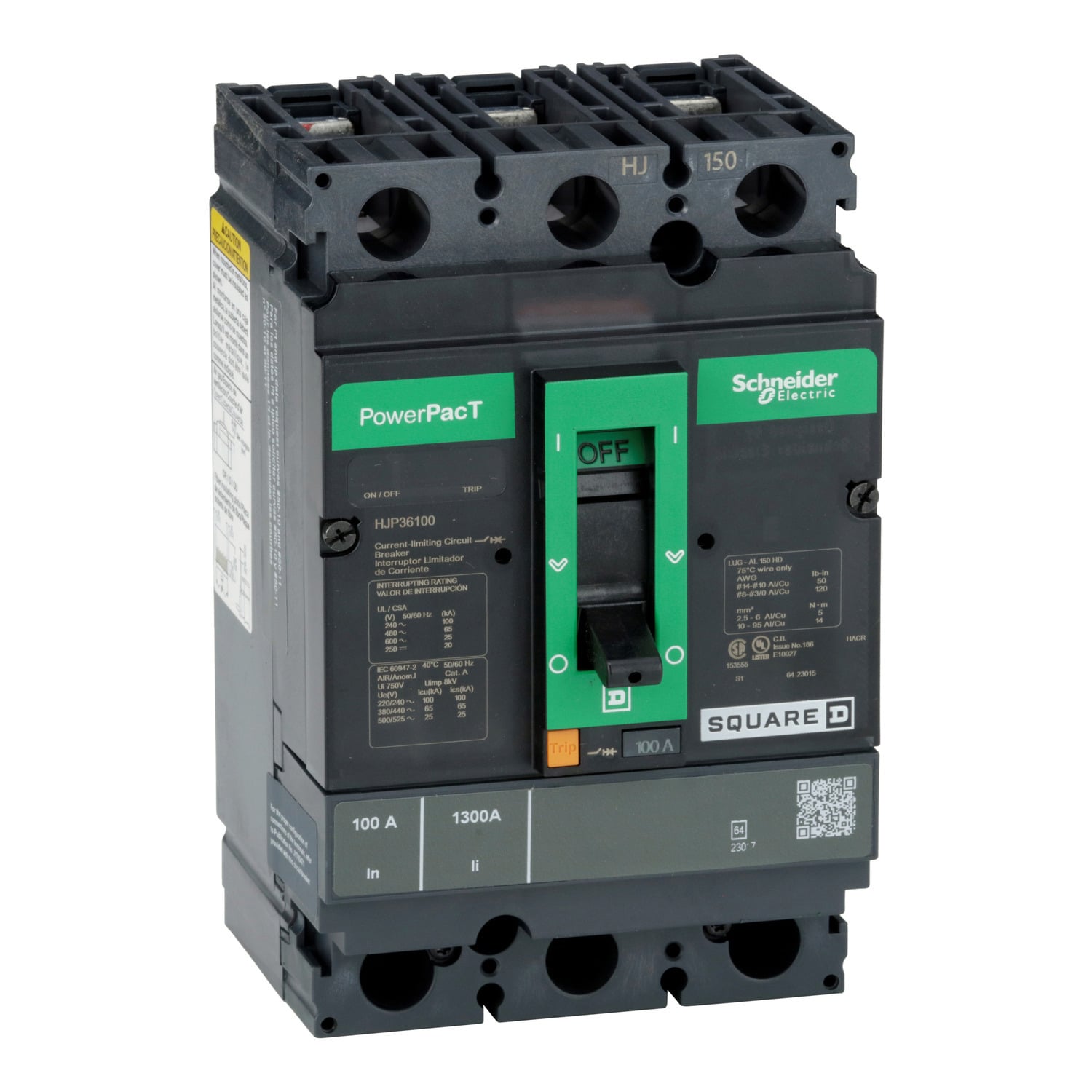 HJP36100 PowerPact Type HJP Molded Case Circuit Breaker, 600 VAC, 250 VDC, 100 A, 20/25/65/100 kA Interrupt, 3 Poles, Thermal Magnetic Trip