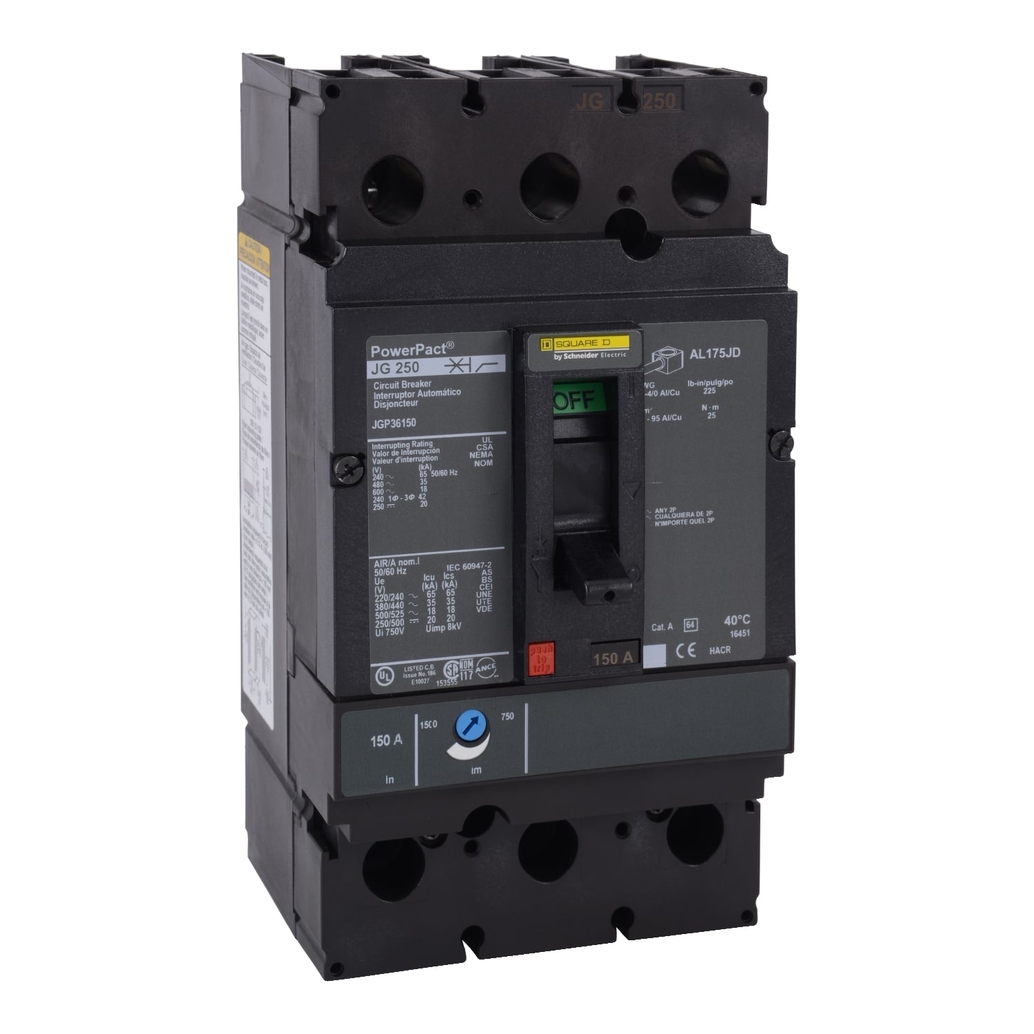 JGP36250 PowerPact 80% Rated Molded Case Circuit Breaker, 600 V AC, 250 A, 65 kA at 240 V AC/35 kA at 480 V AC/18 kA at 600 V AC/20 kA at 250/500 VDC Interrupt, 3 Poles, Thermal Magnetic Trip