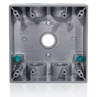 2GM55-GY Weatherproof Back Box, Die Cast Aluminum, 2 Gangs, 5 Outlets, 4.5 in H x 4.5 in W x 2.13 in D